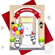 Sunny Studio Panda Holding Balloon Bouquet on the Porch of House Front Door Birthday Card using Floating By Clear Craft Stamp