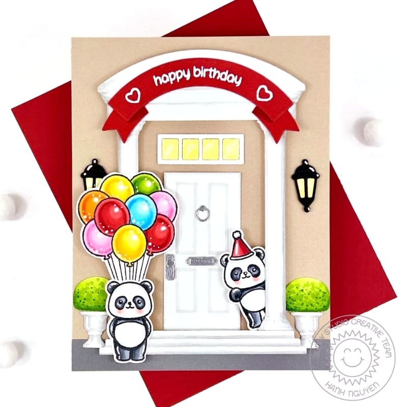 Sunny Studio Panda Holding Balloon Bouquet on the Porch of House Front Door Birthday Card using Floating By Clear Craft Stamp