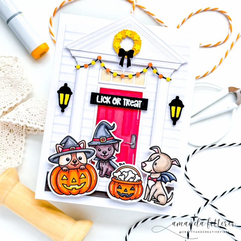 Sunny Studio Stamps Punny Dogs Trick or Treating on House Porch Halloween Card using Distinctive Door Metal Cutting Craft Die