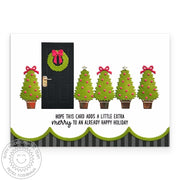 Sunny Studio Door & Christmas Trees CAS Scalloped Holiday Card using Inside Greetings Seasons Clear Sentiment Craft Stamps