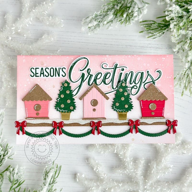 Sunny Studio Stamps Holiday Birdhouses on Shelf Slimline Christmas Card using Distinctive Door Holiday-Add Metal Craft Dies