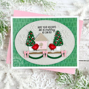 Sunny Studio Stamp Pink & Green Holiday Birdhouse on Shelf Christmas Card using Distinctive Door Holiday-Add Metal Craft Dies