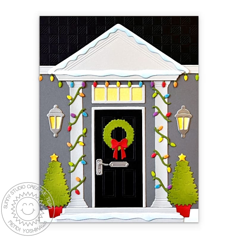 Sunny Studio Stamps Door with Snow & Lights Holiday Christmas Card using Buffalo Plaid Straight Background Metal Craft Die