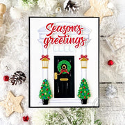 Sunny Studio Stamps Season's Greetings Decorated House Porch Holiday Christmas Card using Distinctive Door Metal Craft Dies