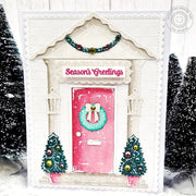 Sunny Studio Stamps Season's Greetings Snowy Decorated Home Christmas Card using Distinctive Door Holiday Add-on Craft Dies