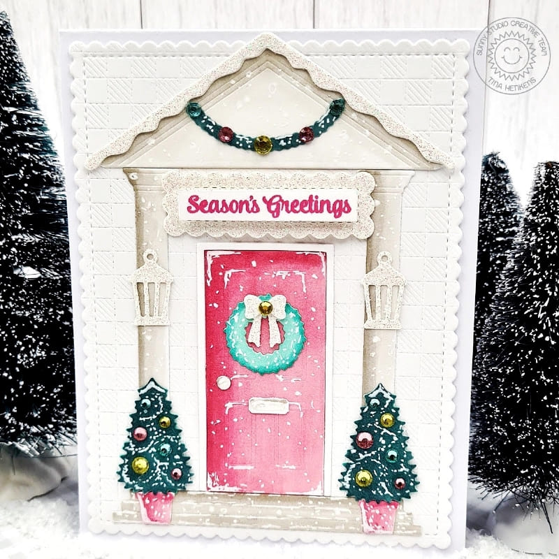 Sunny Studio Stamps Season's Greetings Snowy Decorated Home Christmas Card using Distinctive Door Holiday Add-on Craft Dies
