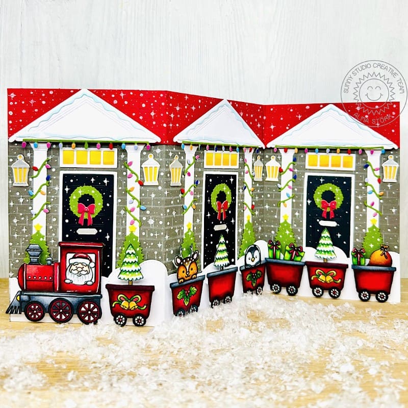 Sunny Studio Stamps Neighborhood Homes House Christmas Card using Distinctive Door Holiday Add-on Metal Cutting Craft Dies