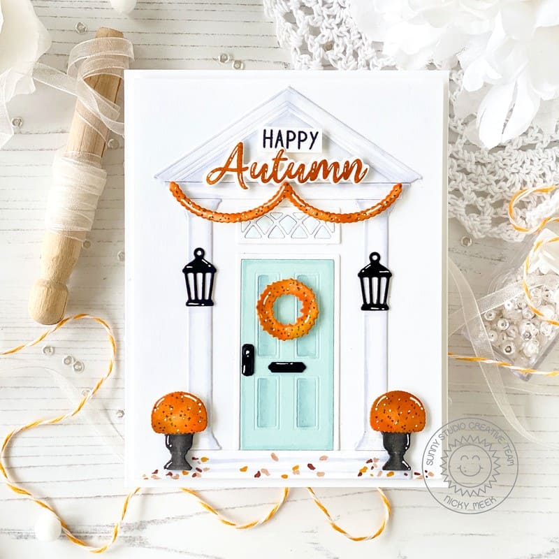 Sunny Studio Stamps Fall-Themed Aqua & Orange Decorated House Door Autumn Card using Distinctive Door Metal Cutting Craft Die