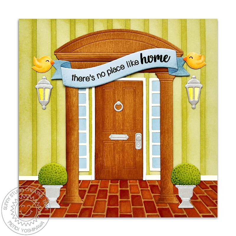 Sunny Studio Stamps There's No Place Like Home Front Door House Card using Brilliant Banner 3 Metal Cutting Craft Dies