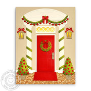 Sunny Studio Stamps Front Door with Wreath Bows Christmas Card using Distinctive Door Holiday Add-on Metal Cutting Craft Dies