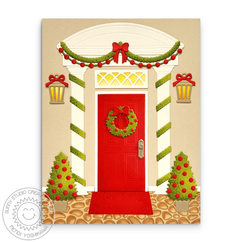 Sunny Studio Stamps Front Door with Wreath Bows Christmas Card using Distinctive Door Holiday Add-on Metal Cutting Craft Dies