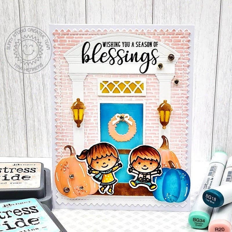 Sunny Studio Stamps Kids at Decorated Fall Home Door with Pumpkins Autumn Card using Distinctive Door Metal Cutting Craft Dies