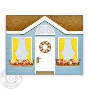 Sunny Studio Stamps Blue Bungalow House with Flower Window Boxes Everyday Card using Distinctive Door Metal Cutting Craft Die