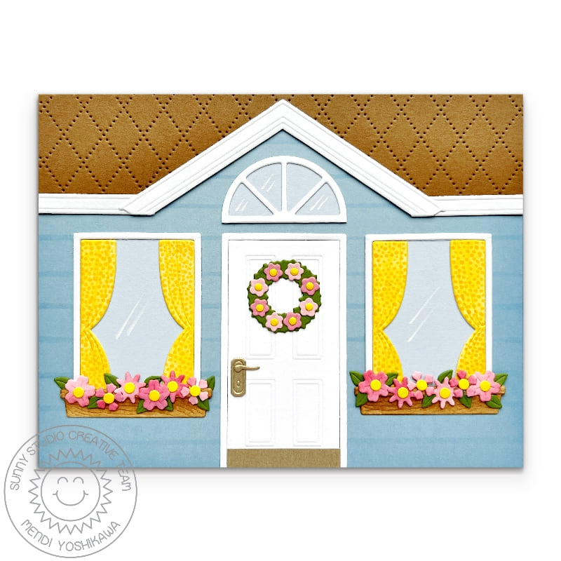 Sunny Studio Stamps Blue House Home with Flower Boxes Card using Dotted Diamond Landscape Background Metal Cutting Craft Die