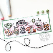Sunny Studio Weiner Dog & Cats with Presents, Balloons & Party Hats Slimline Card using Doggone Birthday Clear Craft Stamps
