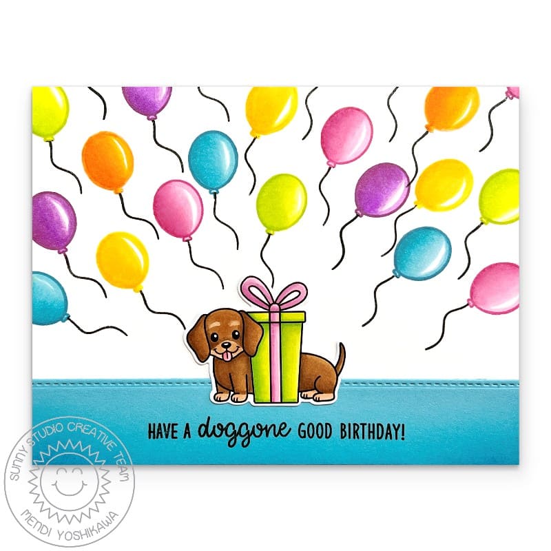 Sunny Studio Dachshund Puppy Dog with Present Gift & Rainbow Balloons Birthday Card using Doggone Birthday Clear Craft Stamps