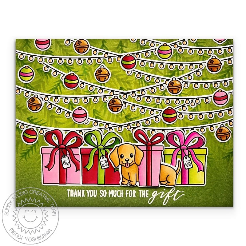 Sunny Studio Dog Under Christmas Tree with Light Strings & Gifts Holiday Thank You Card using Scenic Route Clear Craft Stamps