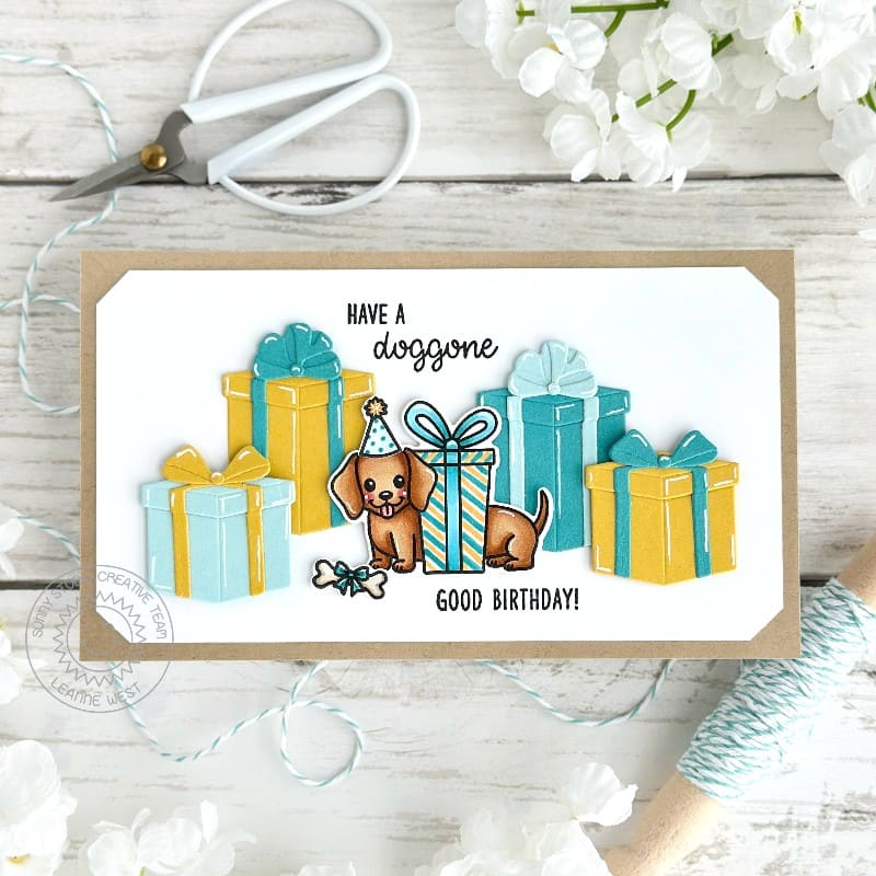 Sunny Studio Dog with Stacks of Presents Mini Slimline Birthday Gift Card using Doggone Birthday 2x3 Clear Craft Stamps