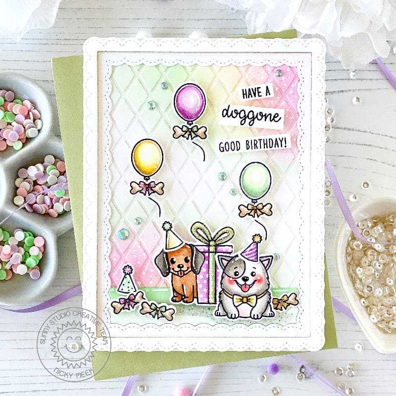 Sunny Studio Puppy Dogs with Presents Gifts Pastel Birthday Card using Doggone Birthday 2x3 Clear Photopolymer Craft Stamps