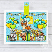 Sunny Studio Weiner Dog, Presents, Balloons & Party Hats Interactive Pull-Tab Card using Doggone Birthday Clear Craft Stamps