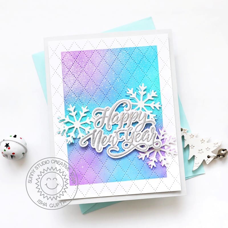 Sunny Studio Stamps Lilac & Aqua Blue Snowflake Happy New Year Card (using Dotted Diamond Portrait Metal Cutting Die)