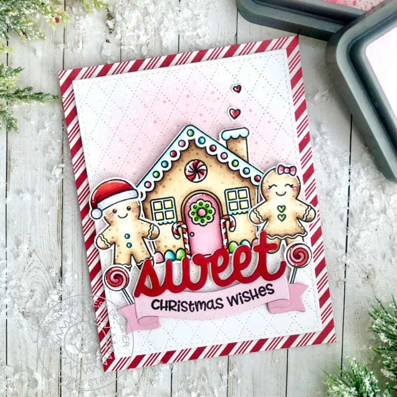 Sunny Studio Sweet Christmas Wishes Gingerbread House, Boy & Girl Holiday Card (using Dotted Diamond Portrait Cutting Die)