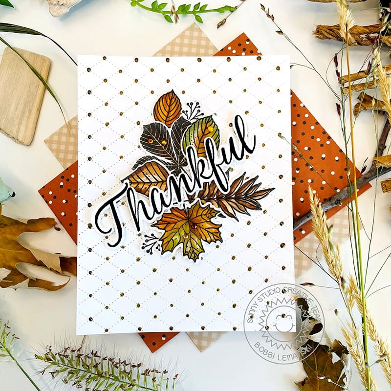 Sunny Studio Stamps Thankful Gold Autumn Leaves 5x7 Fall Card by Bobbi (using Dotted Diamond Background Backdrop Metal Die)