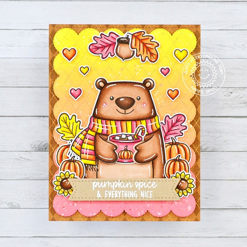 Sunny Studio Pumpkin Spice & Everything Nice Bear with Mocha Mug Fall Card (using Holiday Hugs 4x6 Clear Stamps)