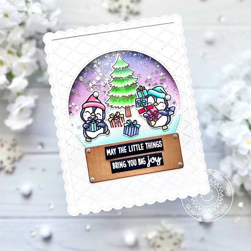 Sunny Studio Stamps Penguins Holiday Christmas Shaker Snow Globe Card (using Stitched Semi-Circle Metal Cutting Dies)
