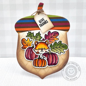 Sunny Studio Give Thanks Fox with Pumpkins & Leaves Striped Acorn Shaped Fall Card (using Beautiful Autumn 2x3 Clear Stamps)