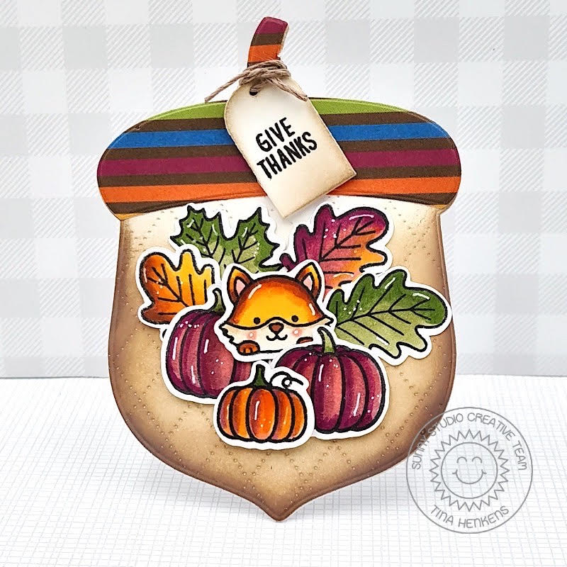 Sunny Studio Stamps Give Thanks Fox with Pumpkins & Leaves Striped Acorn Shaped Fall Card (using Nutty For You Metal Cutting Dies)