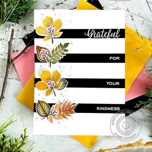 Sunny Studio Graphic Black & White Striped Grateful For Your Kindness Fall Card (using Elegant Leaves Clear Stamps)