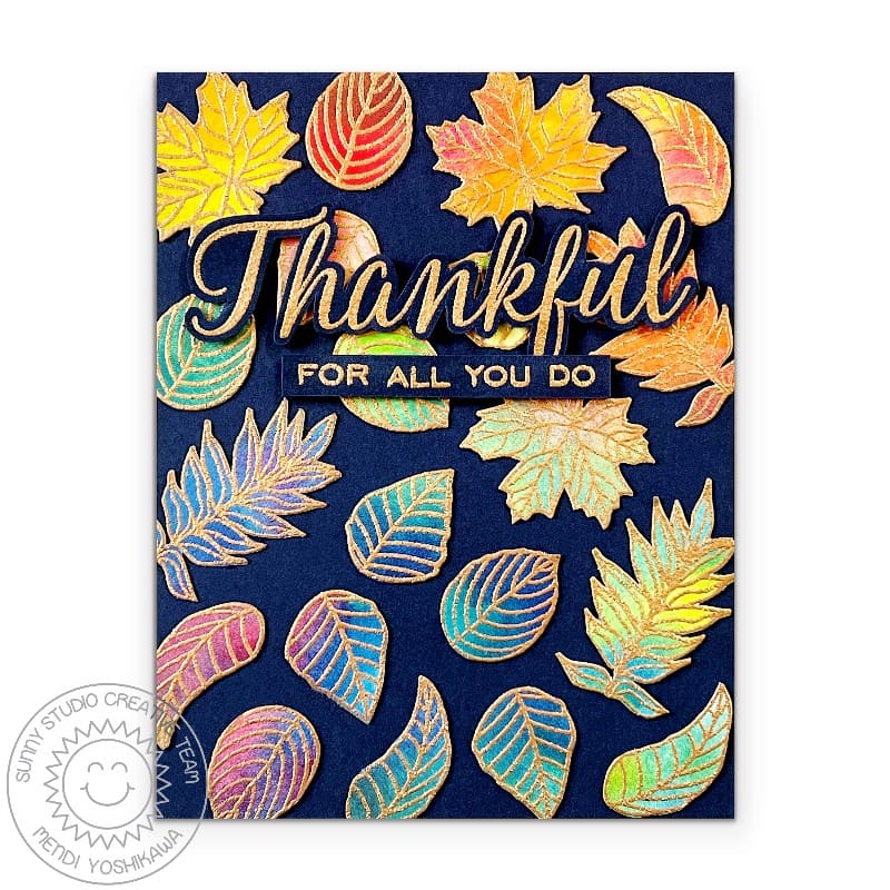 Sunny Studio Elegant Leaves Watercolor Fall Leaf Navy Thankful For All You Do Card