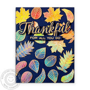 Sunny Studio Gold Embossed Rainbow Watercolor Fall Leaves on Navy Backdrop Autumn Card using Elegant Leaves Clear Craft Stamp