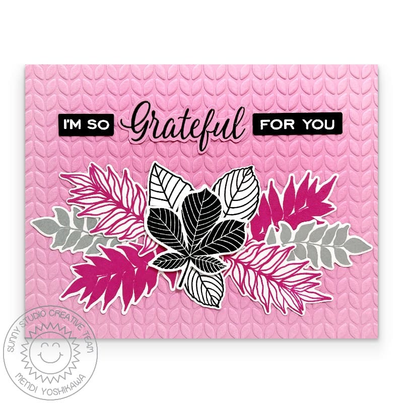Sunny Studio Hot Pink, Grey & Black Fall Leaves Embossed Handmade DIY Autumn Card using Elegant Leaves 4x6 Clear Craft Stamps