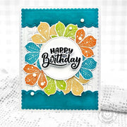 Sunny Studio Teal, Yellow, & Orange Fall Chestnut Leaf Scalloped Autumn Birthday Card using Elegant Leaves Clear Craft Stamps