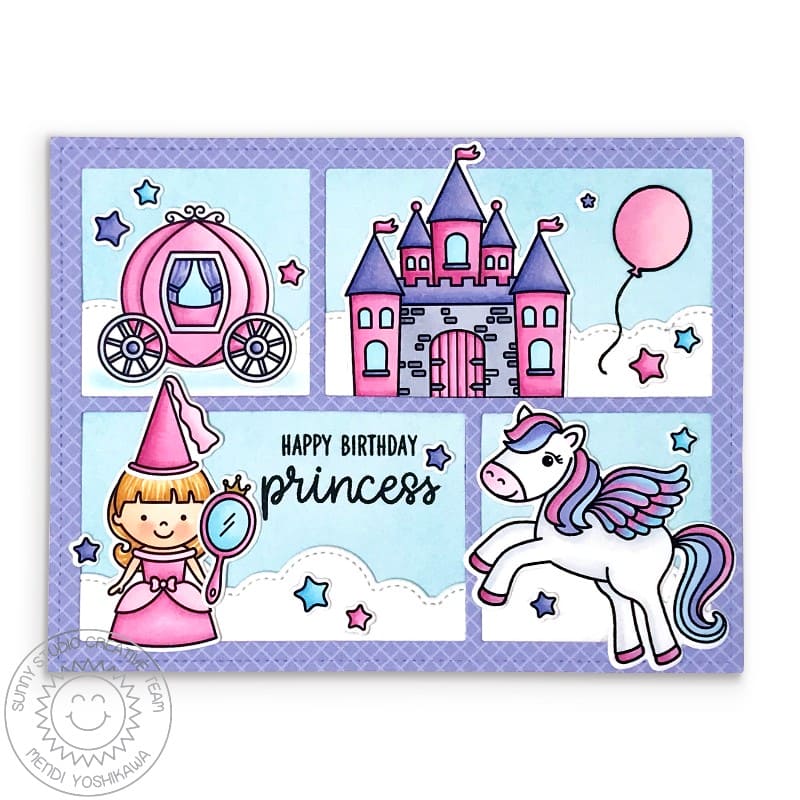 Sunny Studio Girls Pink & Lavender Fairytale Princess Comic Book Style Birthday Card (using Enchanted Clear Stamps)