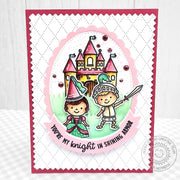 Sunny Studio You're My Knight in Shining Armor Fairytale Princess Scalloped Oval Card using Encanted 4x6 Clear Craft Stamps