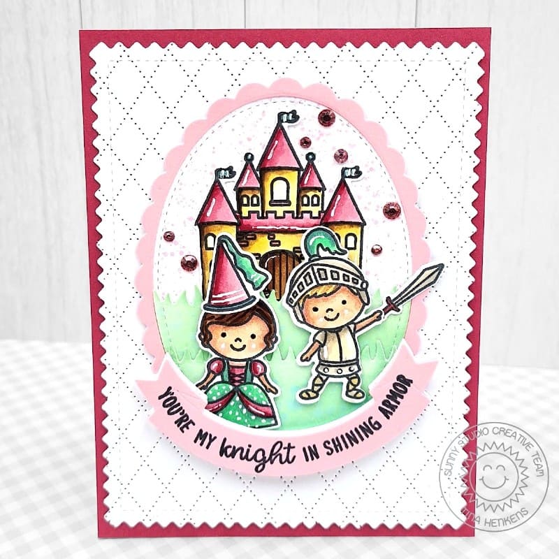 Sunny Studio Stamps Fairytale Princess & Knight in Shining Armor Scalloped Oval Card using Dotted Diamond Portrait Craft Die