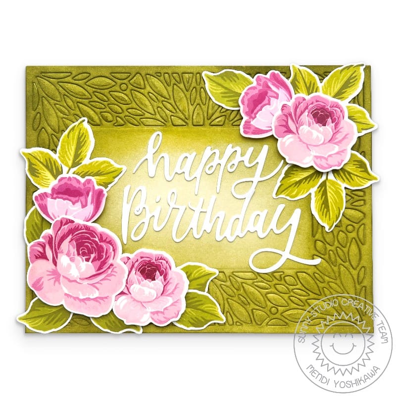 Sunny Studio Pink & Olive Green Floral Roses Embossed Happy Birthday Card using Everything's Rosy Layering Clear Craft Stamps