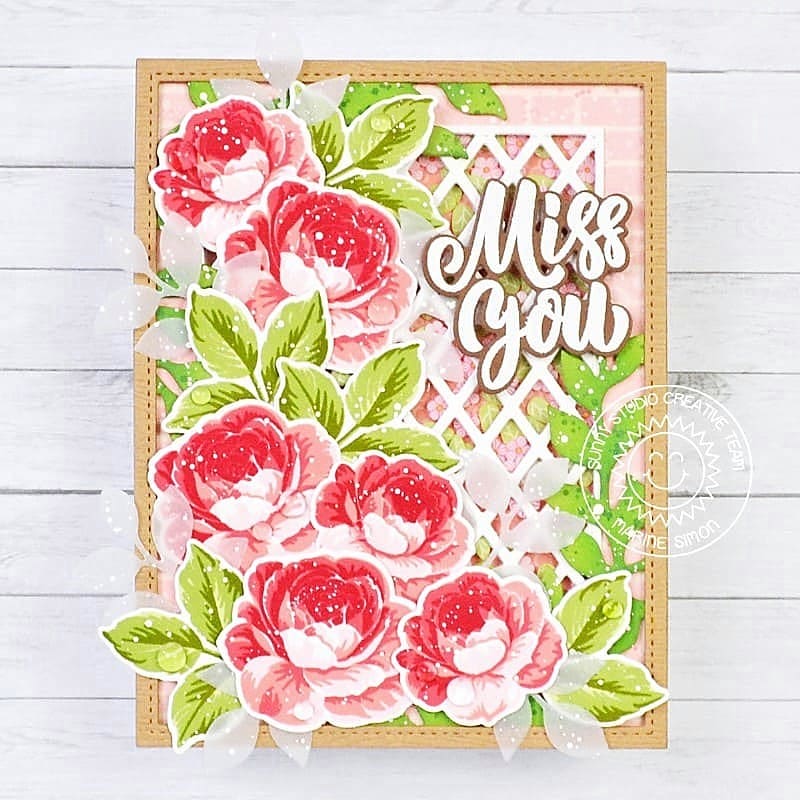Sunny Studio Stamps Rose Floral Flowers Miss You Card using using Frilly Frames Lattice Background Metal Cutting Craft Dies
