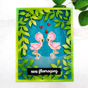 Sunny Studio You're Flamazing Flamingo Couple in Moonlight with Leafy Frame Card (using Fabulous Flamingos Clear Stamps)