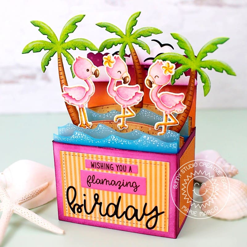 Sunny Studio Flamingos & Palm Trees Pop-up Box 3D Flamazing Birthday Card (using Fabulous Flamingos 4x6 Clear Stamps)