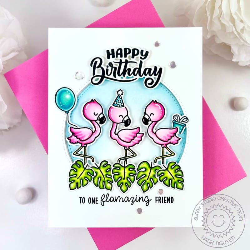 Sunny Studio To One Flamazing Friend Flamingos in Party Hats Punny Birthday Card using Fabulous Flamingos Clear Craft Stamps