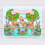 Sunny Studio For My Flamazing Friend Pink Flamingos in Pond Punny Summer Card using Fabulous Flamingos 4x6 Clear Craft Stamps