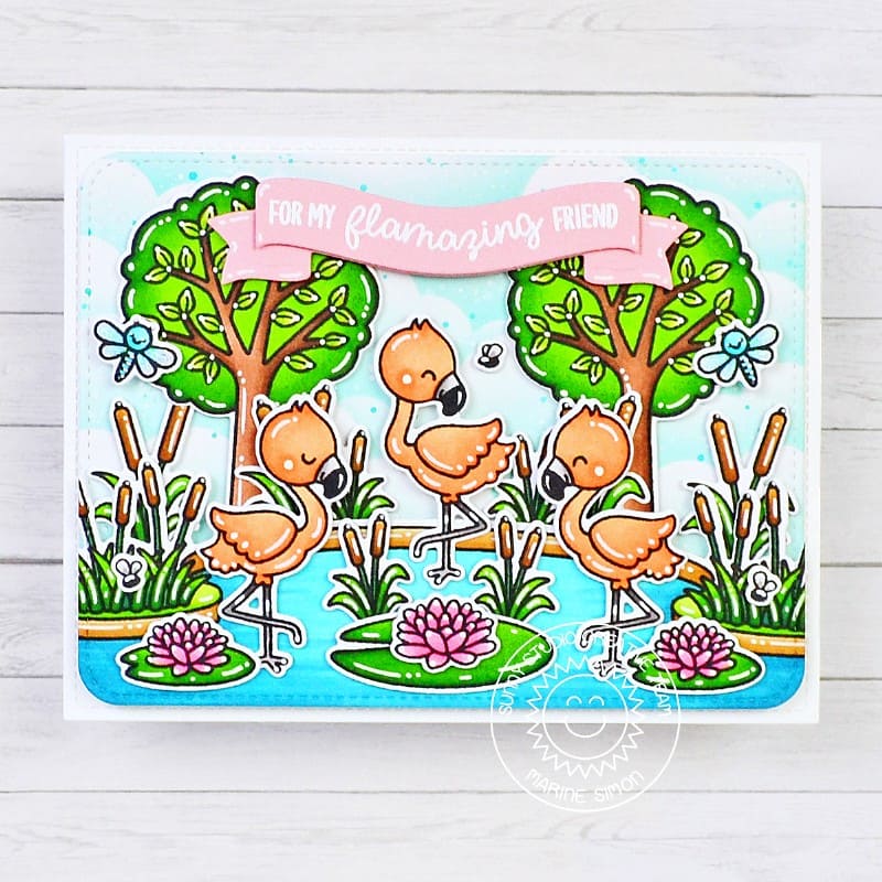 Sunny Studio For My Flamazing Friend Pink Flamingos in Pond Punny Summer Card using Fabulous Flamingos 4x6 Clear Craft Stamps