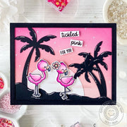 Sunny Studio Stamps Pink Flamingos with Palm Tree Silhouette Summer Card using Tropical Trees Backdrop Frame Metal Craft Dies