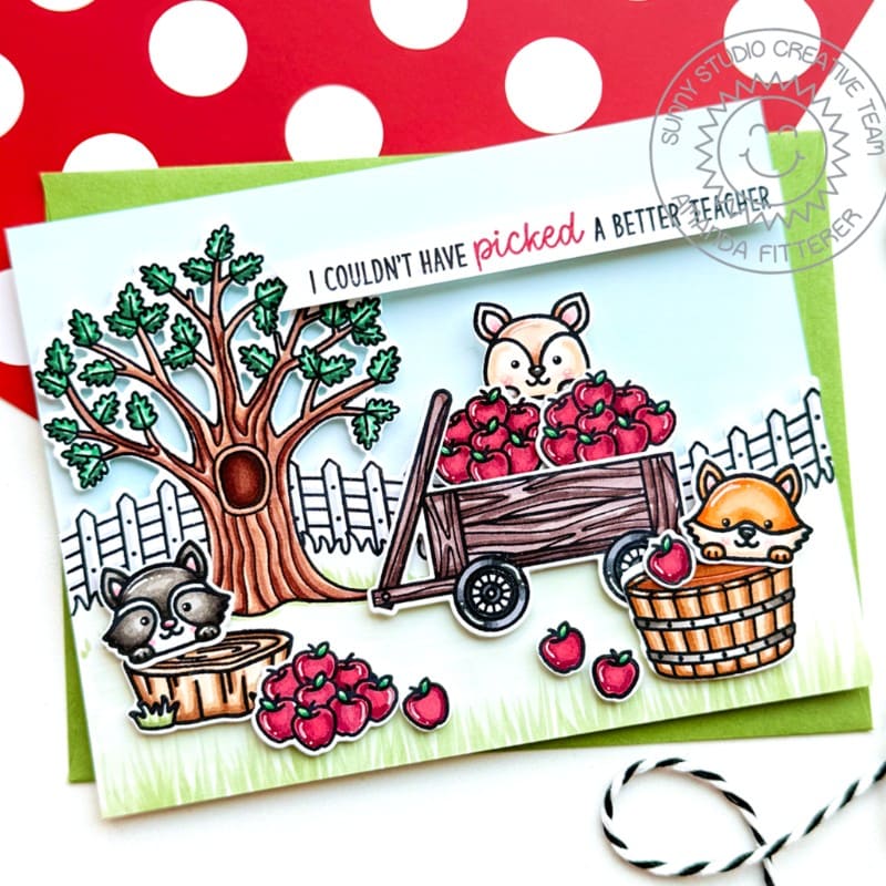 Sunny Studio Woodland Critters Picking Apples in Orchard Back To School Teacher Card using Fall Friends Clear Craft Stamps