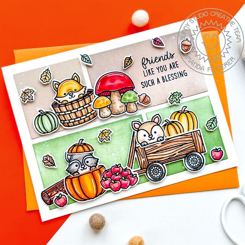 Sunny Studio Woodland Critters with Mushrooms, Pumpkins & Autumn Leaves Blessing Card using Fall Friends Clear Craft Stamps