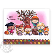Sunny Studio Kids with Fall Tree, Stump, Pumpkins & Pink Sky Scalloped Autumn Card using Happy Harvest 4x6 Clear Craft Stamps